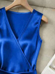 Vestido ajustado con cuello en V sin mangas, cintura fruncida e irregular, vestido de satén para mujer, vestido de primavera/verano para mujer, vestido elegante de fiesta para mujer, atuendo de vacaciones para mujer, atuendo del Día de San - azul real - Ver 4