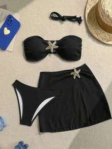 Set de bikini bandeau de 3 piezas de tela texturizada de unicolor, para vacaciones y playa - Negro - Ver 7