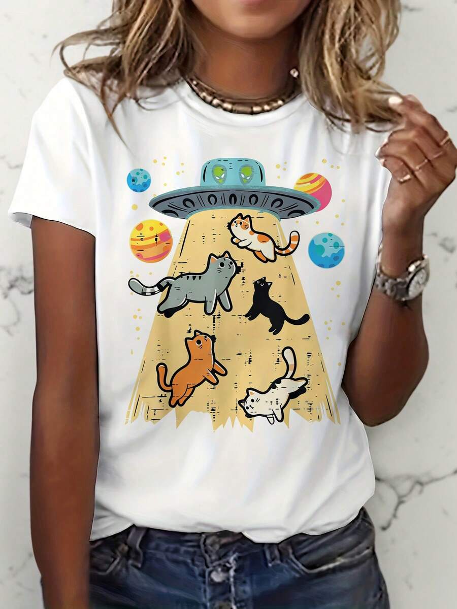 Divertido OVNI extraterrestre abducción gatos camiseta gráfica, gato espacial amante de las mujeres de manga corta tops