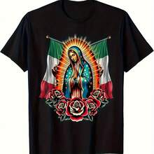 Unisex Graphic T-Shirt Of The Virgin Of Guadalupe With Mexican Flag For Men And Women - Religious And Cultural Design, Black, Roses And Cross, Soft, Breathable And Lightweight Fabric, Regular Fit, Short Sleeve, Crew Neck, Casual Unisex T-Shirt For Everyday Wear - 黑色 - 查看 8