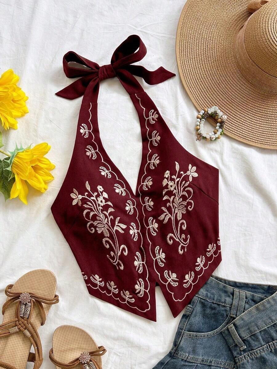 Top corto para mujer estilo bohemio sin mangas con diseño de espalda de tirantes, cuello halter con diseño anudado y bordados florales, adecuado para festivales de música - Rojo violeta - Ver 1