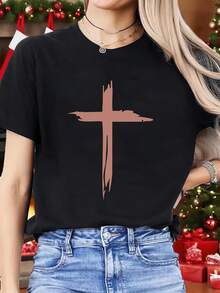 1pc Spring New Women's T-Shirt With Easy Cross Print - Suitable For Sports, Fitness, Running, Fashionable, Unique, Fun, Comfortable, Soft And Breathable Sportswear, Short Sleeve For Christmas Parties, Christmas T-Shirt, Holiday Outfit - 黑色 - 查看 1