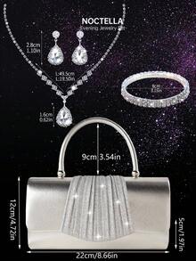 Noctella 4-Piece Rhinestone Jewellery Set, Including A Sparkling Necklace, Earrings And Bracelet, Paired With Glittering Square Handbag, Elegant And Fashionable Flap Evening Bag, New Luxury Ladies' Party Bag, Suitable For Ladies And Girls To Use At Parties, Proms, Weddings And Dinners. - Silver - View 3