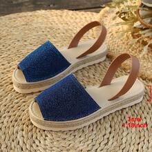 Giày sandal đế xuồng dệt kim đính sequin màu xanh hải quân dành cho nữ, hở mũi, có quai ngang mắt cá chân, kiểu dáng thường ngày, thích hợp đi biển, nghỉ mát hoặc đi làm. - Màu xanh lam - Xem 9