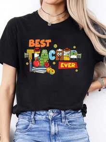 LooseDiseño Simple y Versátil, Camiseta Casual de Primavera/Verano con Estampado de Letras Españolas, Cuello Redondo, Manga Corta, Camiseta Deportiva de Algodón para MujerCotton Women's T-shirt, Breathable and Sweat-absorbent Summer Short Sleeve - Negro - Ver 11