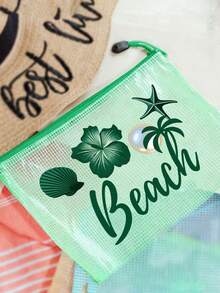 多色防水時尚網格沙灘包，印有「Beach」字樣的化妝包，羽毛花朵、朱槿、海星、貝殼和珍珠元素，大容量透明化妝包，尼龍拉鍊盥洗包，輕巧，可存放防曬霜、零食、比基尼和沙灘必需品，適合送給朋友、家人、閨蜜、同學的生日、節日、派對、婚禮（伴娘）、教師節禮物與紀念品，郵輪必備，夏季度假禮物 - 彩色 - 查看 7