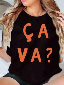 Camiseta de manga corta para mujer, camiseta de cuello redondo con estampado ÇA VA, top casual de corte holgado para uso diario. - Negro - Ver 5