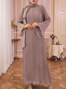 Solessence Đầm Abaya xếp ly màu trơn dành cho nữ, kiểu dáng kín đáo mùa xuân. - hoa hồng nâu - Xem 1