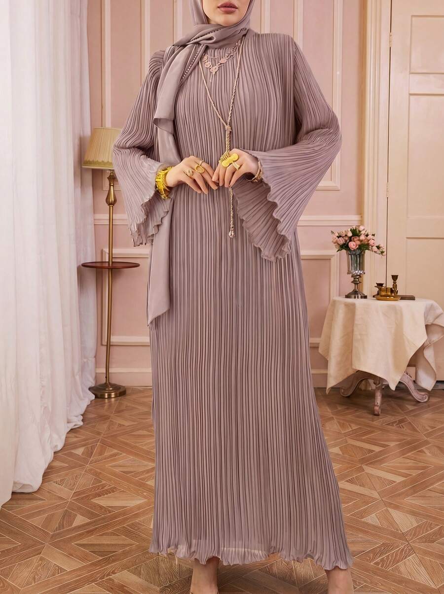 Solessence Đầm Abaya xếp ly màu trơn dành cho nữ, kiểu dáng kín đáo mùa xuân. - hoa hồng nâu - Xem 1