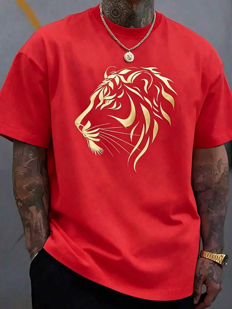 Plus-Size Men's Cotton Tee With Striking Lion Print. 100% Breathable Cotton, Loose Oversized Fit, Comfy Short Sleeve Graphic Shirt For Spring, - 紅色 - 查看 17
