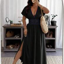 Clasi Plus Size Women Deep V-Neck Solid Short Sleeve Ruched Waist Sexy Vacation Dress - Negro - Ver 1