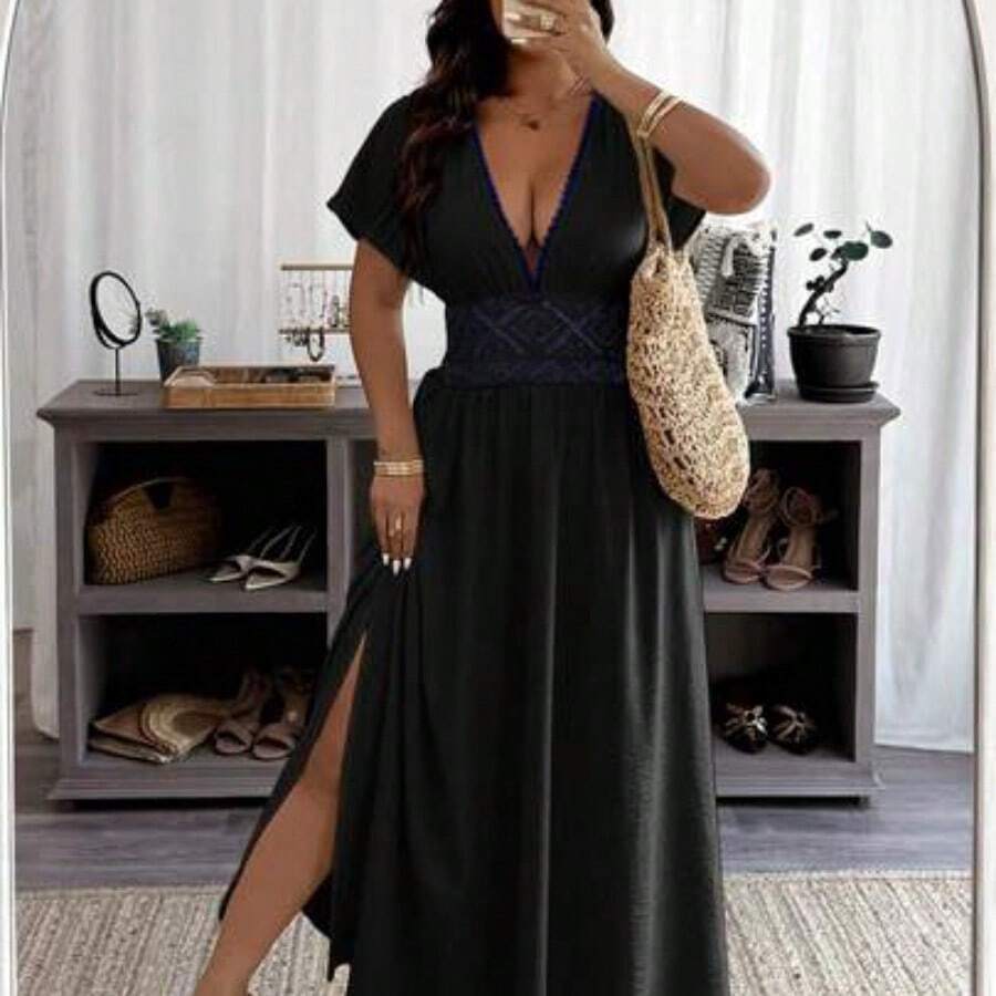 Clasi Plus Size Women Deep V-Neck Solid Short Sleeve Ruched Waist Sexy Vacation Dress - Negro - Ver 1
