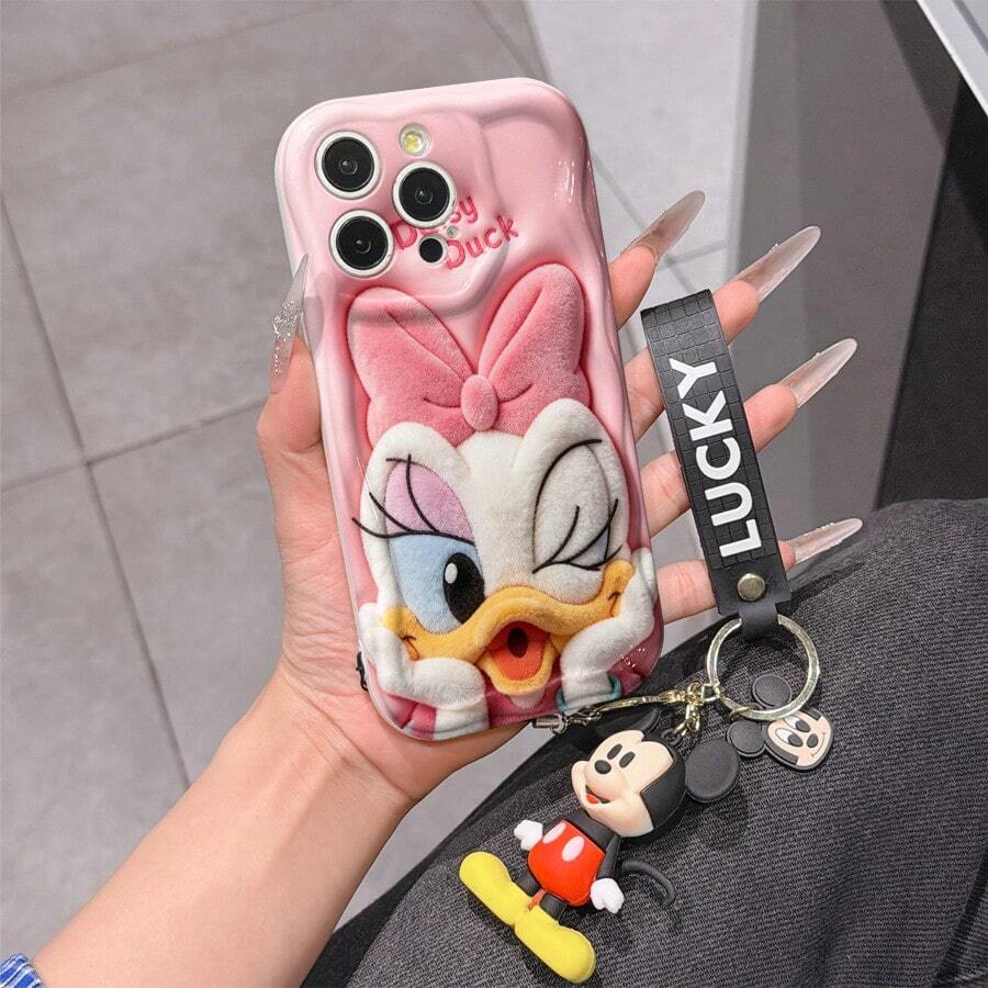 Funda de teléfono de Disney Mickey Mouse Clubhouse: Funda de teléfono suave con protector de borde con patrón 3D esponjoso y un llavero de pulsera de Mickey gratis, Mickey, Minnie, Goofy, Donald Duck, Daisy Duck, Pluto, para Apple 17 Promax 17 Pro 16 15 14 13 12 11 Pro Max XS Max X XR Funda de verano - Blanco - Ver 1