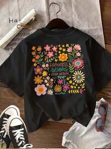 [Double-Sided Printed] Women's Spring And Summer Casual Tops Fresh Style Letter And Flower Pattern FELICITY Crew Neck Pure Cotton Short Sleeve T-Shirt [Ling] Summer T-Shirt - Black - View 2