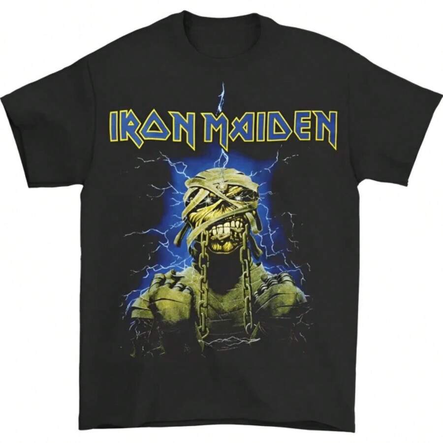Unisex Adult T-Shirt Irons Maidens Powerslave Lightning Graphic Print Men's And Women's Loose Short Sleeved T-Shirt For Casual Wear, Luxury Clothing, T Shirt Herren, , Men's Clothing, Y2k, Tops Women, Vintage Style, Streetwear Fashion, Cool Design, Great For Playtime, Festival Style, Soft & Lightweight, Soft Cotton, Casual Daily Wear, , Festival Style, Soft & Lightweight, Summer Vacation, Casual Wear, , Two-Piece, Father's Day, - 黑色 - 查看 1