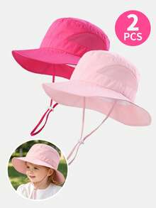 2pcs Kids' Lightweight Quick-Dry Large Brim Mesh Bucket Hat With Drawstring, Suitable For Boys And Girls Outdoor Activities In Summer - 2PS - View 8