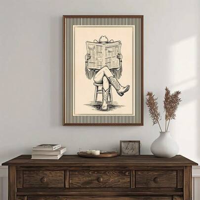 1pc Framed/Unframed Vintage Black Striped Cowgirl Reading Newspaper Canvas Poster Western Cowgirl Wall Art Print Minimalist Girly Room Decor Scroll Painting For Apartment,Living Room,Bedroom,Modern Home Decoration