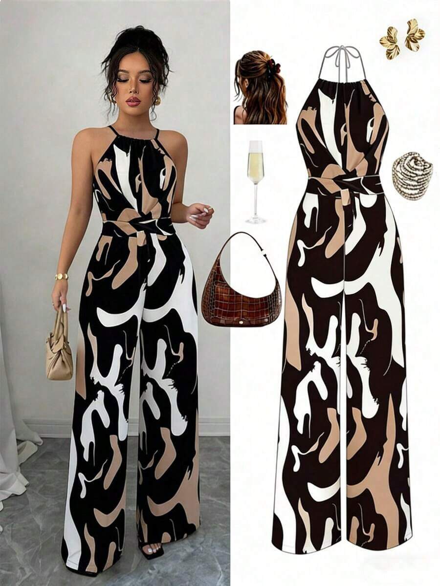 Women's Printed Jumpsuit With A Fitted Waist, Elegant For Holidays And Everyday Wear With A Halter Neck - 黑色 - 查看 1