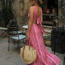 Holidaya Women Fashionable Back Hollow Out Strap Texture Dress Maxi Vacation Beach Outfit Vacation Dress Women Maxi Dresses Beach Dresses For Women Women Dresses Vacation Women Maxi Dresses - Multicolor - Ver 1