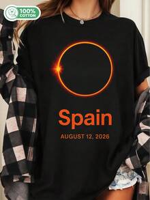 2026 Spain Solar Eclipse August 12th Unisex Cotton T-Shirt Astronomy Event Graphic Casual Tee - Black - View 1