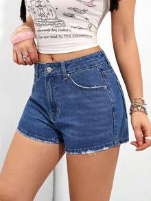 Shorts vaqueros de mujer casuales y versátiles para el uso diario, de verano - Azul lavado medio - Ver 4