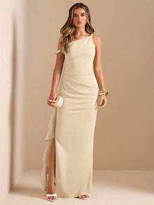 de dama de honor de otoño/invierno, vestido largo elegante con pliegues, abertura alta, volantes y hombros oblicuos con nudo retorcido y sin tirantes, sexy para fiestas - Albaricoque - Ver 5