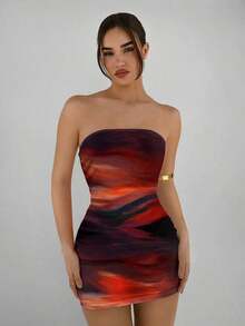 Vestido casual, elegante y sexy de estampado abstracto marrón café, tipo bandeau y ajustado, apropiado para el verano, vacaciones y fiestas - Multicolor 2 - Ver 7