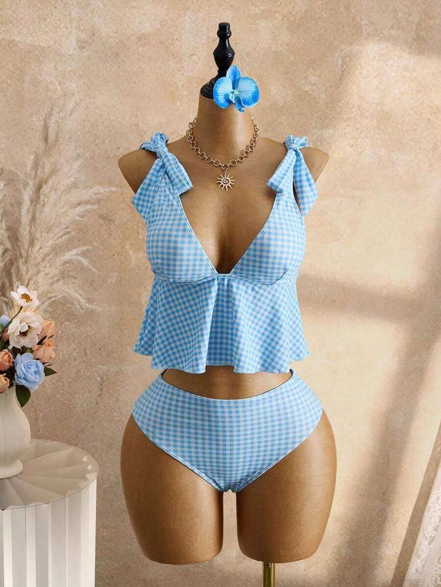 Mod Conjunto de traje de baño de 2 piezas para mujer con top corta de tirantes finos con estampado de cuadros y nudo delantero, y Bottom tipo bikini con cordón en la cintura, para verano - Azul - Ver 1
