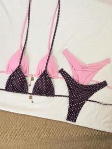 Conjunto de traje de baño de 4 piezas con cuentas marrón y a rayas, para primavera/verano 2026, conjunto de bikini de alta gama para resort de playa - Multicolor 3 - Ver 6