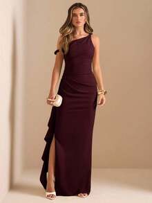 de dama de honor de otoño/invierno, vestido largo elegante con pliegues, abertura alta, volantes y hombros oblicuos con nudo retorcido y sin tirantes, sexy para fiestas - Granada - Ver 5