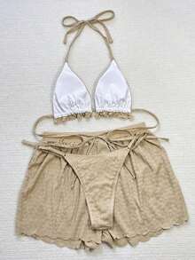 Conjunto de bikini de 3 piezas con parte superior de atar al cuello, estampado de lunares y shorts, con volantes, para mujer, para playa de verano - Caqui - Ver 2