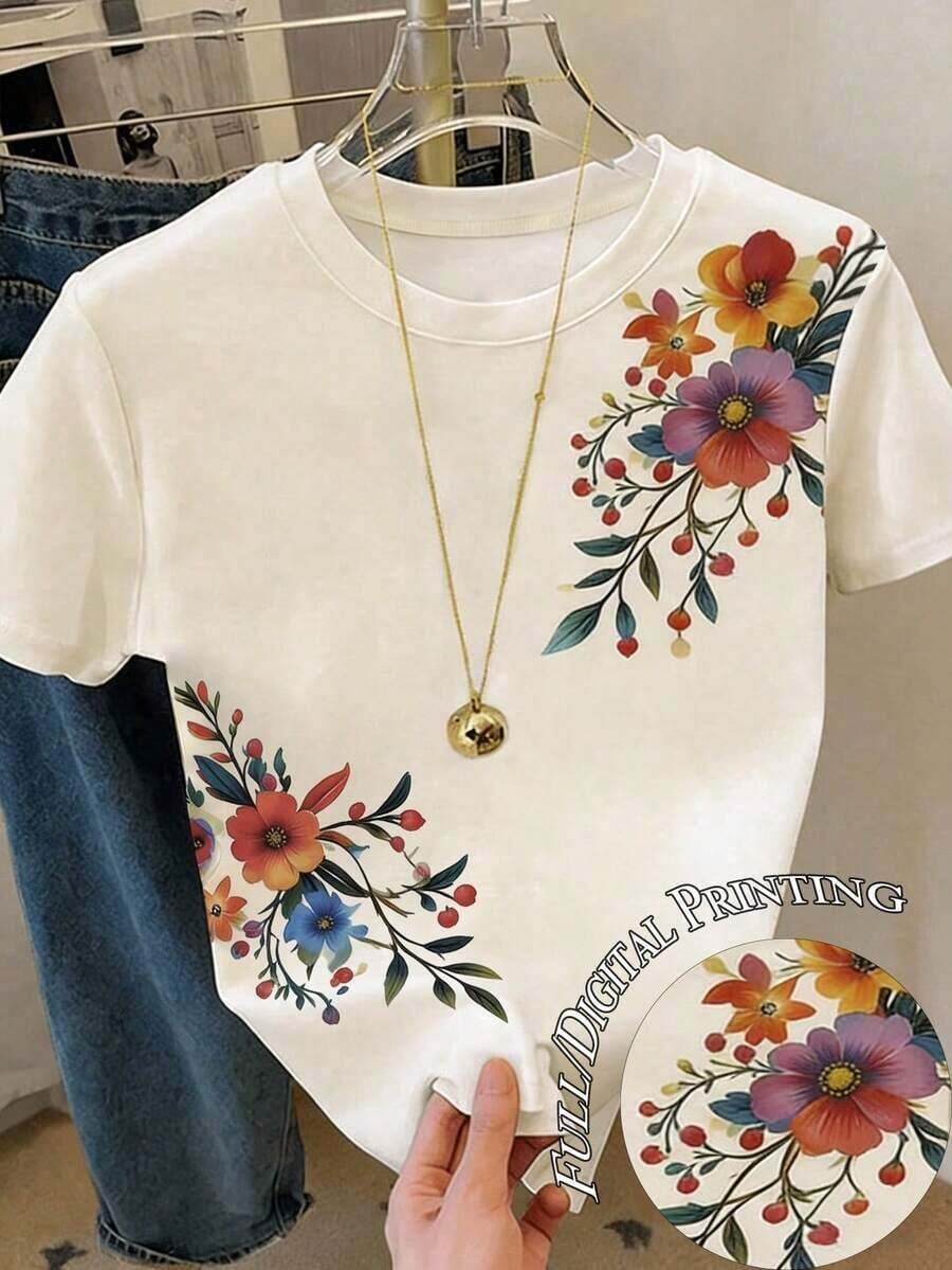 Camiseta de mujer de manga corta con cuello redondo y rayas, casual de verano - Multicolor 13 - Ver 1
