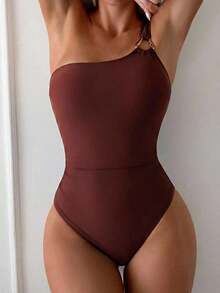 Traje de baño de una pieza con escote asimétrico y decoración de anillo de metal de unicolor para mujer - Marrón - Ver 4