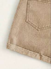 Pantalones cortos vaqueros de cintura alta enrollados para el verano - Caqui - Ver 4