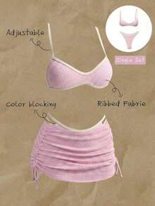 Conjunto de bikini con tirantes de espagueti de tela jacquard para mujer, primavera/verano - Rosa - Ver 1