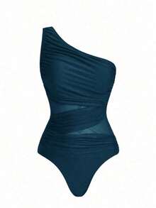 Swim Oasis Traje de baño de una pieza con panel de malla fruncida de unicolor y falda pareo - Agua verde azul 2 - Ver 5