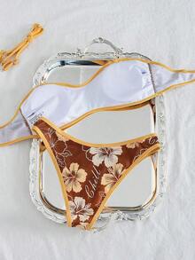 Set de 2 piezas Bikini bandeau con estampado floral rosa para mujer, con tirantes desmontables adecuado para vacaciones en la isla y sesiones de fotos en la playa en verano - Multicolor 13 - Ver 2