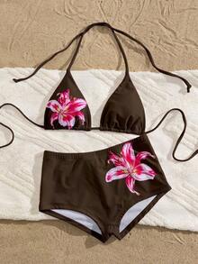 Traje de baño con estampado floral de moda: Top de bikini tipo camiseta con estampado de loto negro + Bottom de traje de baño de talle alto - Conjunto de traje de baño elegante y cómodo para vacaciones de verano, playa y uso en resort en color rojo - Marrón - Ver 4