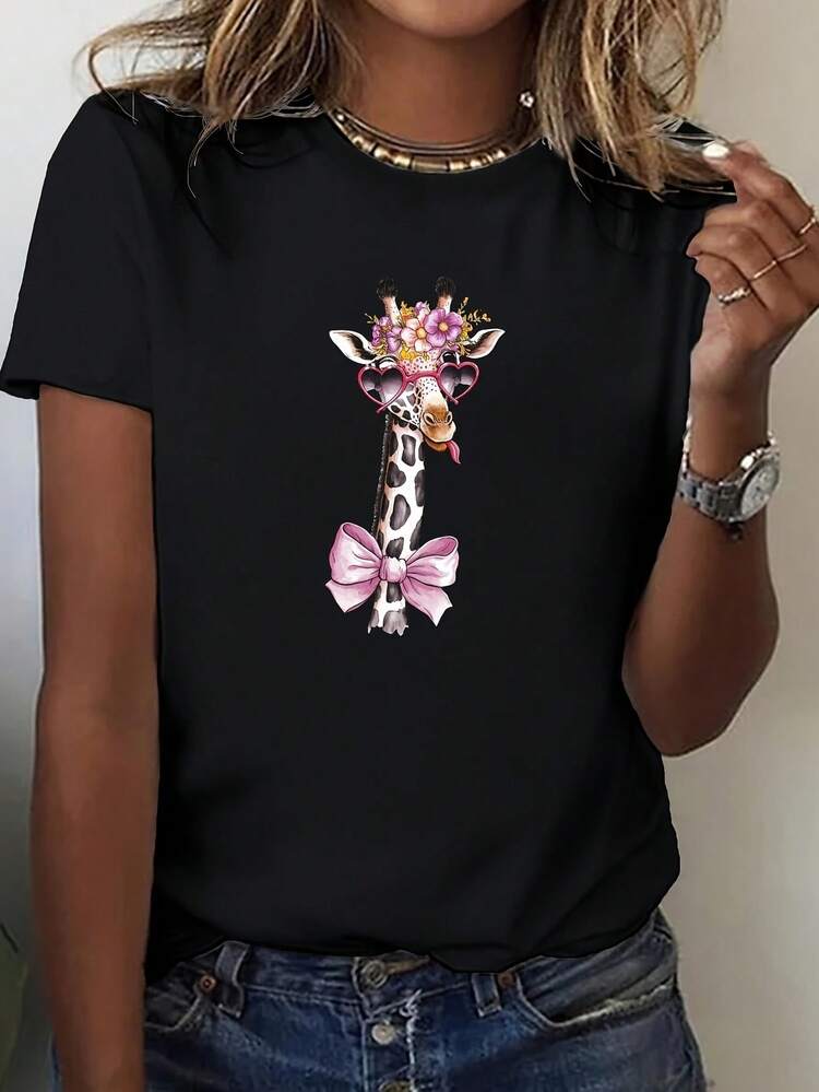 Women's Summer T-Shirt In European And American Style With Short Sleeves | Round Neck, Printed, Fashionable Street Style, Versatile, Casual, Comfortable Top, For All Seasons, Graphic Pattern - đen 1 - Xem 7