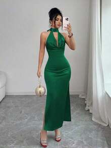 MEXElenzga Vestido de satén con cuello alto y espalda descubierta con lazo sexy para mujerMEX 3QKF - Verde Oscuro - Ver 7