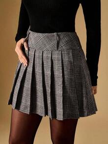 Falda plisada de línea A a cuadros de moda para mujer, adecuada para ir al trabajo - Café integral - Ver 7