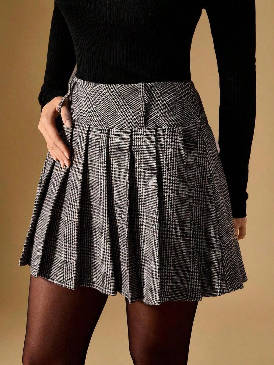 Falda plisada de línea A a cuadros de moda para mujer, adecuada para ir al trabajo - Caqui - Ver 1