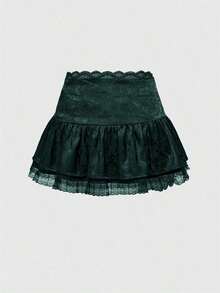 Goth Minifalda estilo gótico de satén con jacquard, cintura plisada con terminación de encaje, incluye ropa interior para mujer - Verde Oscuro - Ver 2