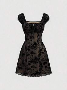 MOD Vestido De Terciopelo Con Malla Y Cinta De Lazo De Flor De Mujer - Negro - Ver 5