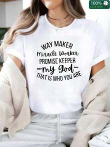 Mother's Day Set, 100% Cotton, Spring/Summer, Women's Fun 'WAY MAKER MIRACLE WORKER PROMISE KEEPER' Letter Print T-Shirt, Comfortable And Cozy Styles, Women's Holiday Clothes, Women's Everyday Casual Wear, Women's Tops - 白色 - 查看 8