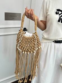 Túi dệt tua rua phong cách Bohemian mới năm 2026, túi xách tay bằng rơm khoét rỗng kiểu dáng nghỉ dưỡng, túi nhỏ đính hạt gỗ đa năng dùng đi biển. - Màu Khaki - Xem 6