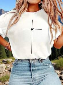 Elegante Top Diario: Camiseta de mujer con estampado de corazones y cuello redondo, top deportivo casual de manga corta para primavera/verano, camiseta de moda elegante para mujer. - Blanco - Ver 8