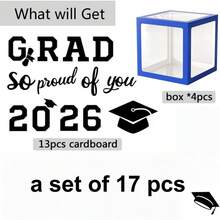 2026 Graduation Season Blue, Gold And Black Transparent Balloon Box Decor, Includes Graduation Cap And Letter Cards, Suitable For Graduation Party And Classroom Event Decoration As Well As Photo Props - Multicolor - View 9