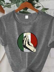 Camiseta con Gráfico de Fútbol Mexicano - Alta Elasticidad, Estilo Deportivo Casual, Manga Corta, Colores Nacionales Vibrantes, Cuello Redondo, Lavable a Máquina para Primavera, Verano y Otoño, Ropa de Primavera y Verano |   Cuello Redondo Clásico |   Material no transparente - Negro - Ver 7
