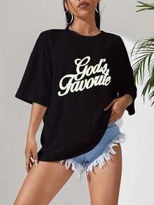 Camiseta Casual Negra para Mujer con Estampado de Letras Doradas "God's Favorite" - Corte Relajado, Cuello Redondo, Manga Corta, Tela de Elasticidad Media, Lavable a Máquina, Top de Primavera/Verano, Moda de Verano, Silueta en H, Material No Transparente, Camiseta Y2k - Blanco - Ver 3